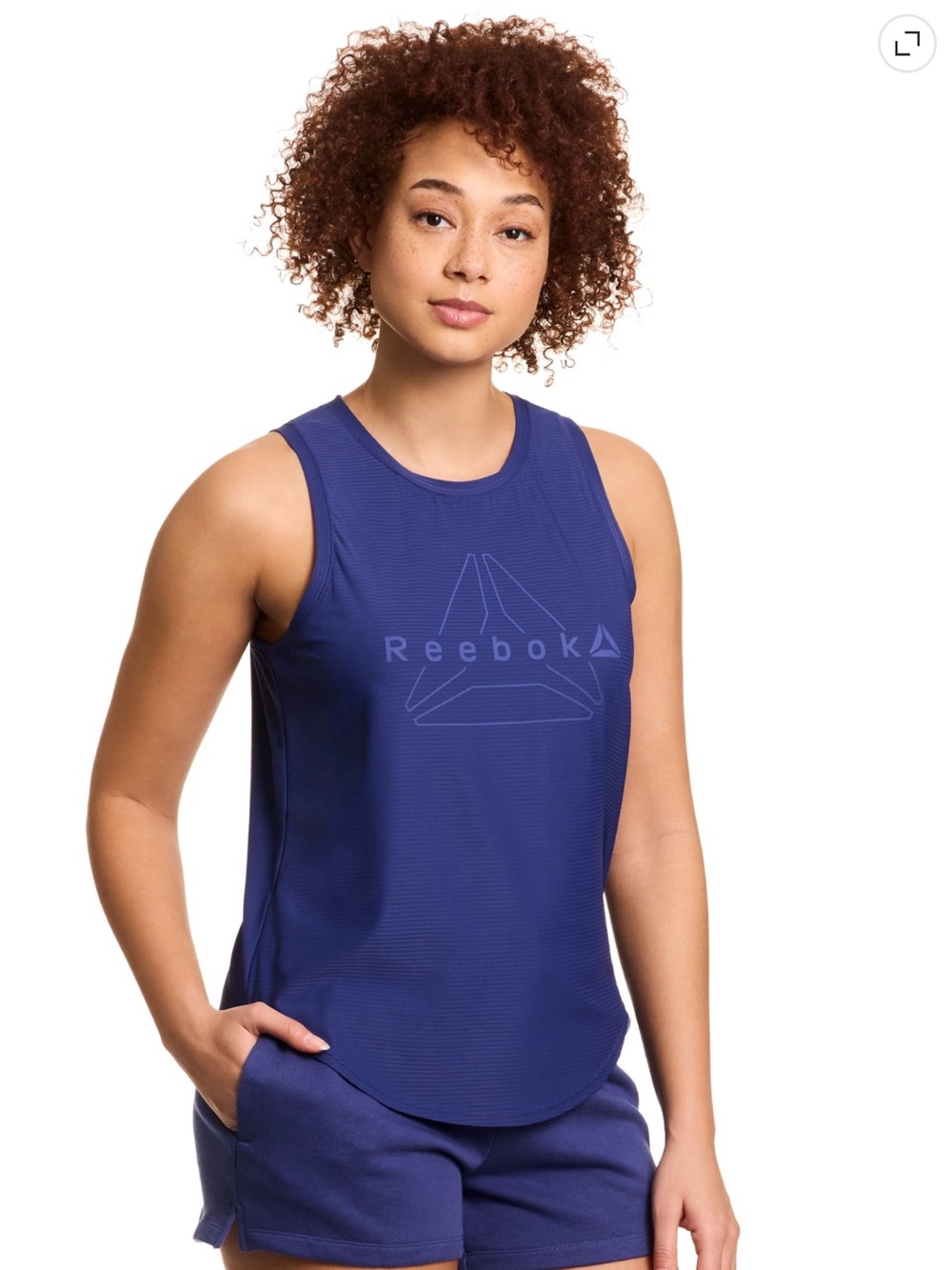 Reebok Reflex Graphic Striped High Low Tank Top in Deep Indigo. Size L